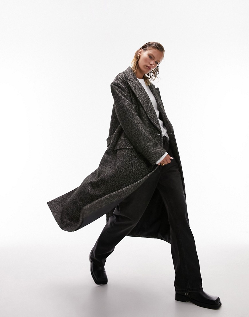 Topshop herringbone wool-blend formal coat in monochrome-Black