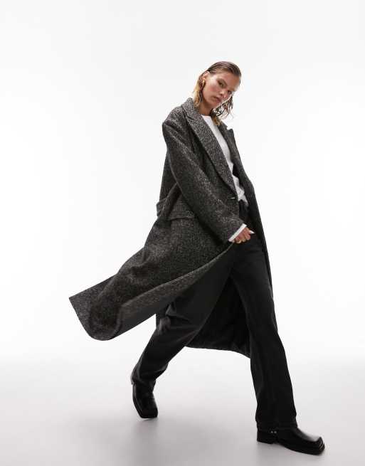 Men Long Overcoat Black Herringbone Wool Blend Coat Winter Business Outwear