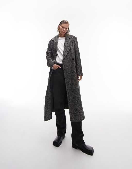 Classic Herringbone Wool Coat with Mock Neckline