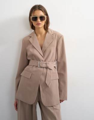 Topshop High Break Belted Blazer In Neutral