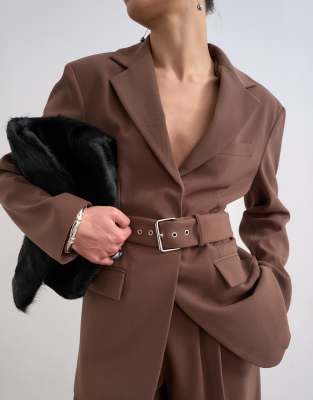 Topshop High Break Belted Blazer In Brown