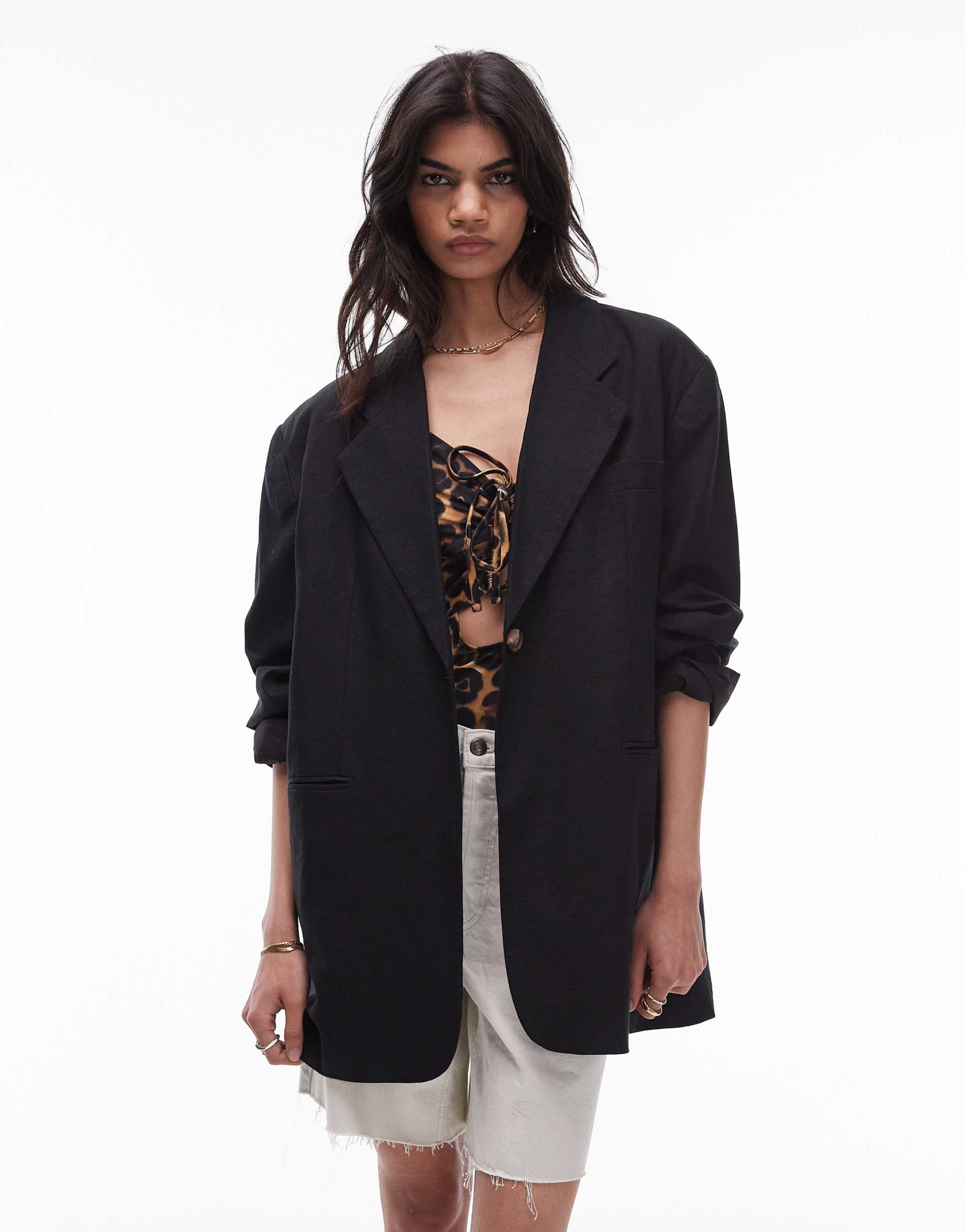 topshop high break oversized linen blazer in black