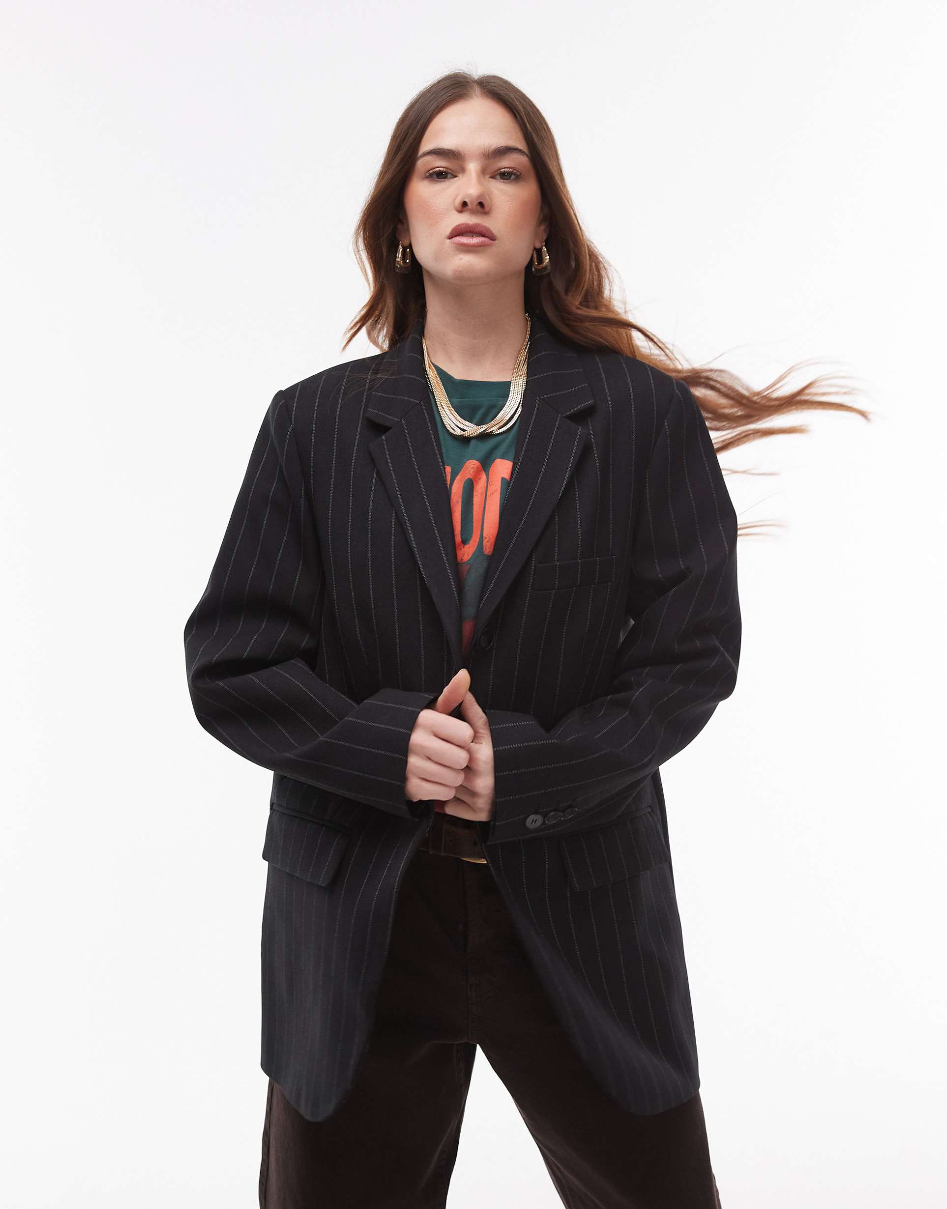 topshop high break tailored blazer in black pinstripe