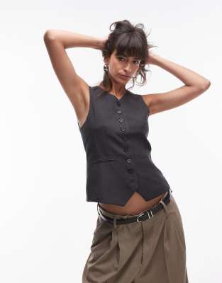 high button up tailored vest in charcoal - part of a set-Gray