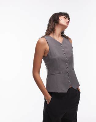 high button up tailored vest in slate - part of a set-Neutral