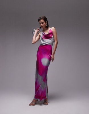 Topshop High Cowl Neck Maxi Dress In Pink Blurred Print