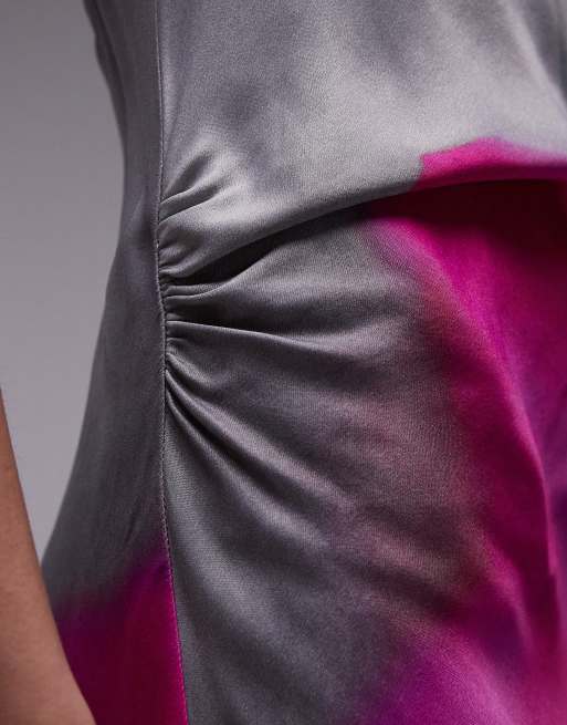 Topshop high cowl neck maxi dress in pink blurred print, 3 of 4