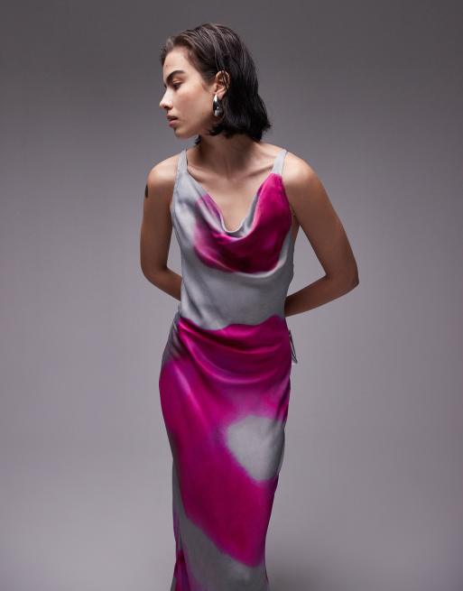 Topshop high cowl neck maxi dress in pink blurred print, 4 of 4
