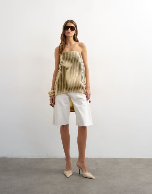 Topshop high low bandeau top in buttermilk stripe, 2 of 4