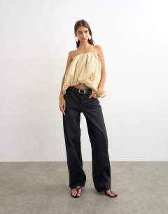 Model wearing High low bubble hem bandeau in taupe stripe