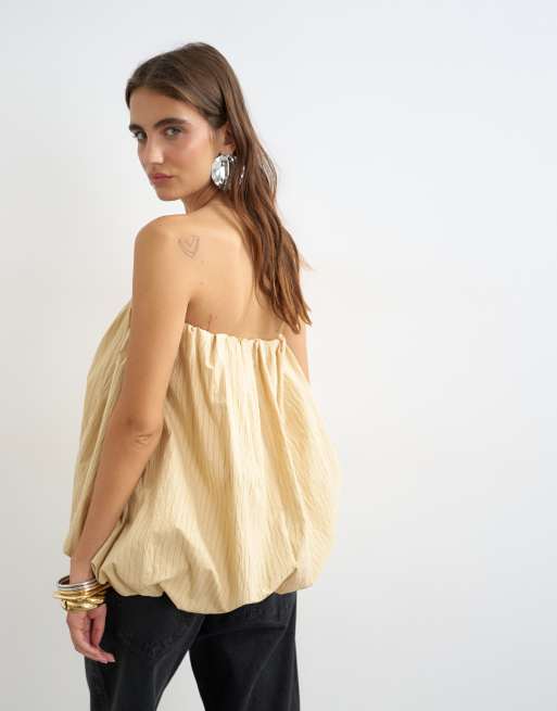 Topshop high low bubble hem bandeau in taupe striped print, 4 of 4
