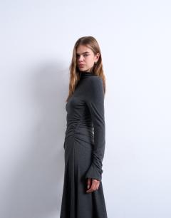 Model wearing High neck asymmetric hem mini dress in charcoal grey