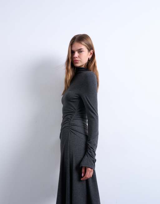 Topshop high neck asymmetric hem mini dress in charcoal grey, 2 of 4