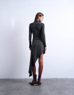 Model wearing High neck asymmetric hem mini dress in charcoal grey