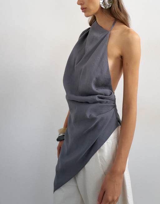 Topshop high neck asymmetric maxi tunic top in gray, 4 of 4