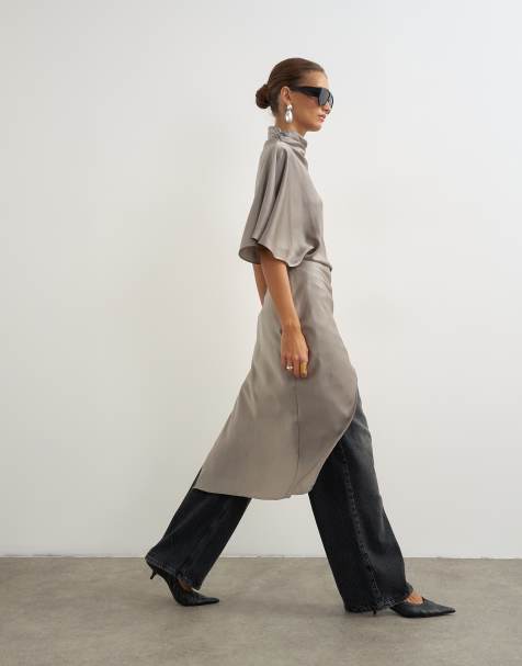 Topshop high neck asymmetric maxi tunic top in grey