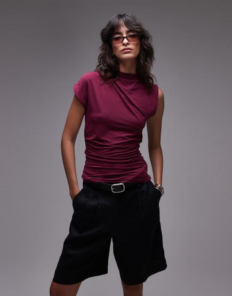 Topshop high neck asymmetric ruched sides tank top in burgundy - view 1