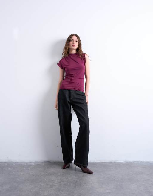 Topshop high neck asymmetric ruched sides tank top in burgundy, 2 of 4