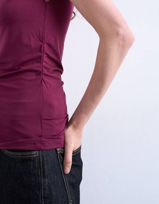 Topshop high neck asymmetric ruched sides tank top in burgundy, 3 of 4