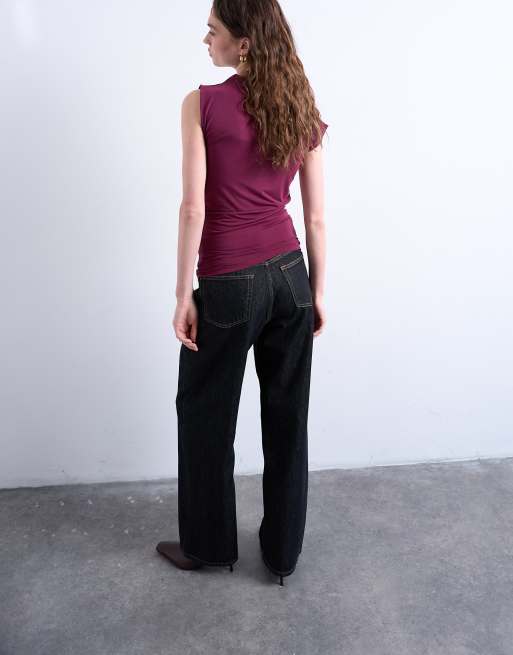 Topshop high neck asymmetric ruched sides tank top in burgundy, 4 of 4