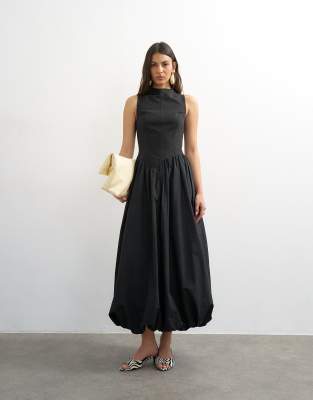 Topshop High Neck Asymmetric Waist Bubble Hem Midaxi Dress In Black