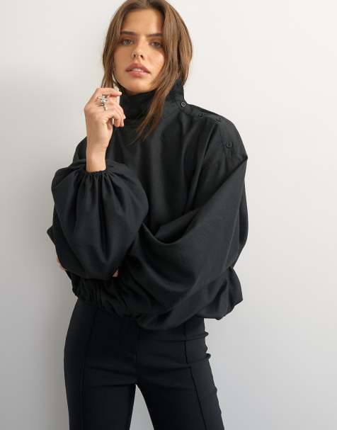 Topshop high neck balloon hem top in black - view 1