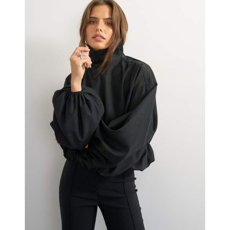 Topshop high neck balloon hem top in black | ASOS