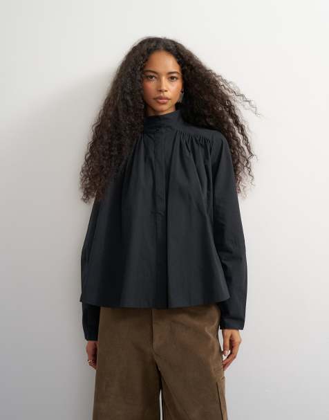 Topshop high neck balloon sleeve shirt in black - view 1
