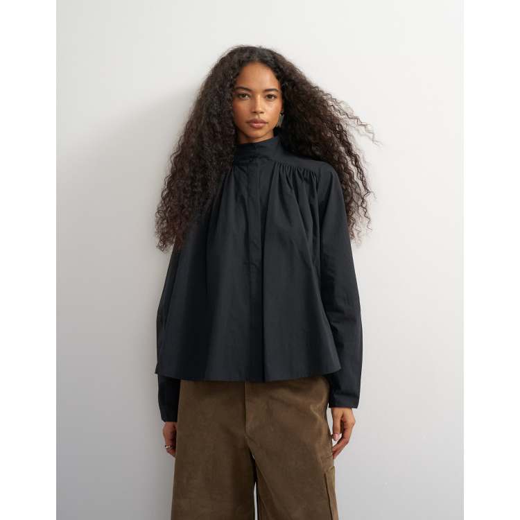 Topshop high neck balloon sleeve shirt in black | ASOS
