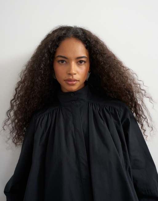 Topshop high neck balloon sleeve shirt in black, 3 of 4