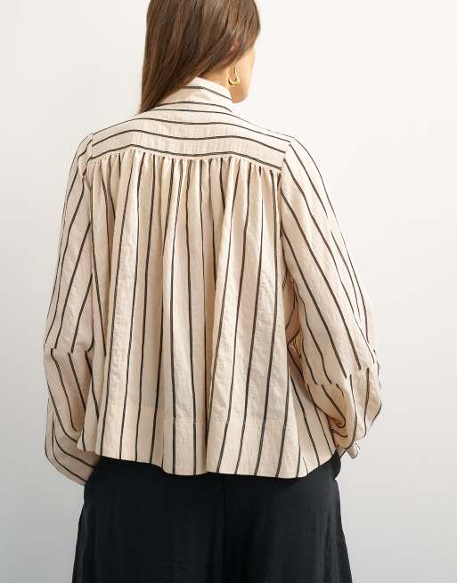 Topshop high neck balloon sleeve shirt in neutral stripe, 4 of 4