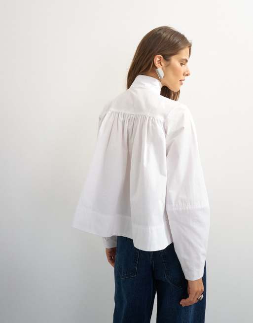 Topshop high neck balloon sleeve shirt in white, 3 of 4