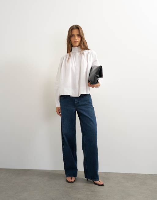 Topshop high neck balloon sleeve shirt in white, 4 of 4