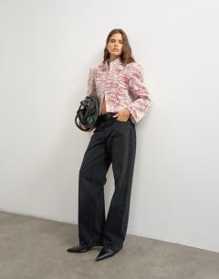 Model wearing High neck boxy jacquard jacket with frogging detail in pink