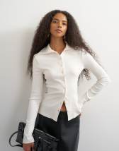 Topshop high neck button down long sleeve rib top in cream