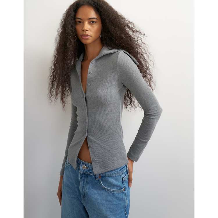 Topshop high neck button down long sleeve rib top in gray heather