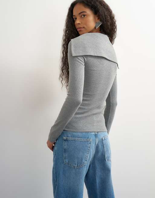 Topshop high neck button down long sleeve rib top in gray heather, 4 of 4