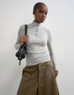 High neck button rib long sleeve top in grey marl