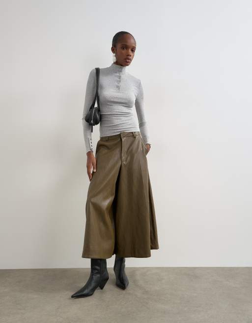 Topshop high neck button rib long sleeve top in grey marl, 2 of 4
