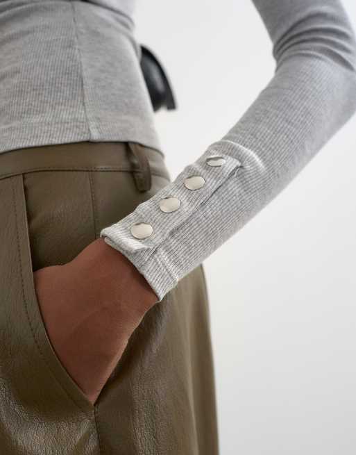 Topshop high neck button rib long sleeve top in grey marl, 3 of 4