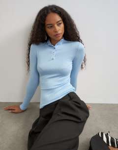 High neck button rib long sleeve top in light blue