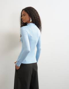 Model wearing High neck button rib long sleeve top in light blue