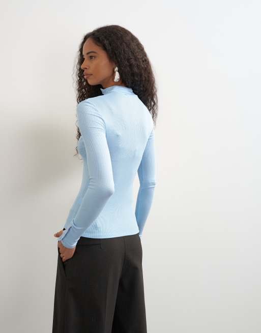 Topshop high neck button rib long sleeve top in light blue, 3 of 4
