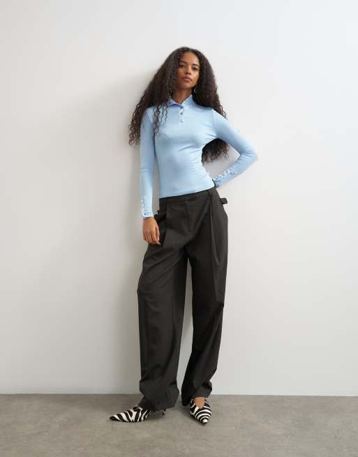 Topshop high neck button rib long sleeve top in light blue, 4 of 4