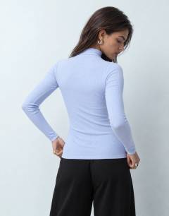 Model wearing High neck button rib long sleeve top in light blue