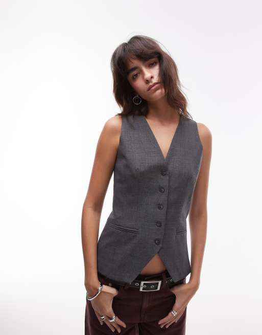 Topshop high neck button through vest in gray check