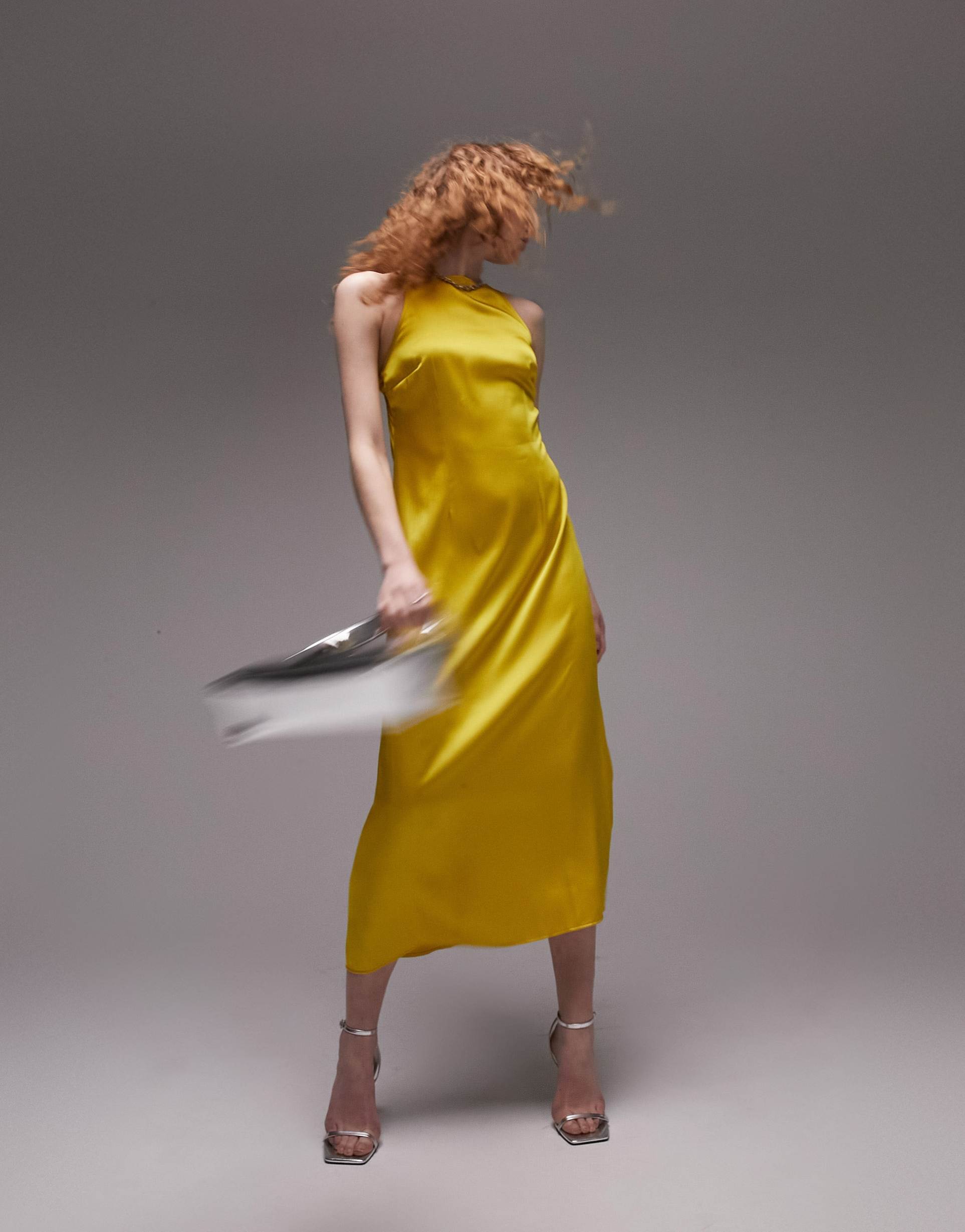 topshop high neck cami midi dress in yellow