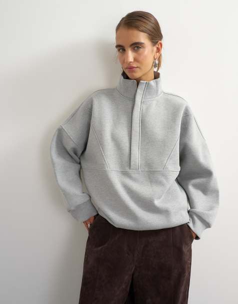 Topshop high neck concealed placket sweat in grey marl - view 1