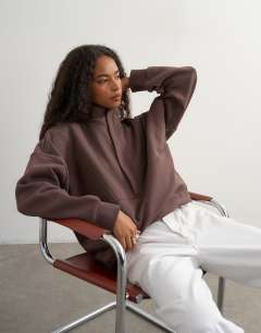 Model wearing High neck concealed placket sweat in mocha