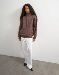 Model wearing High neck concealed placket sweat in mocha